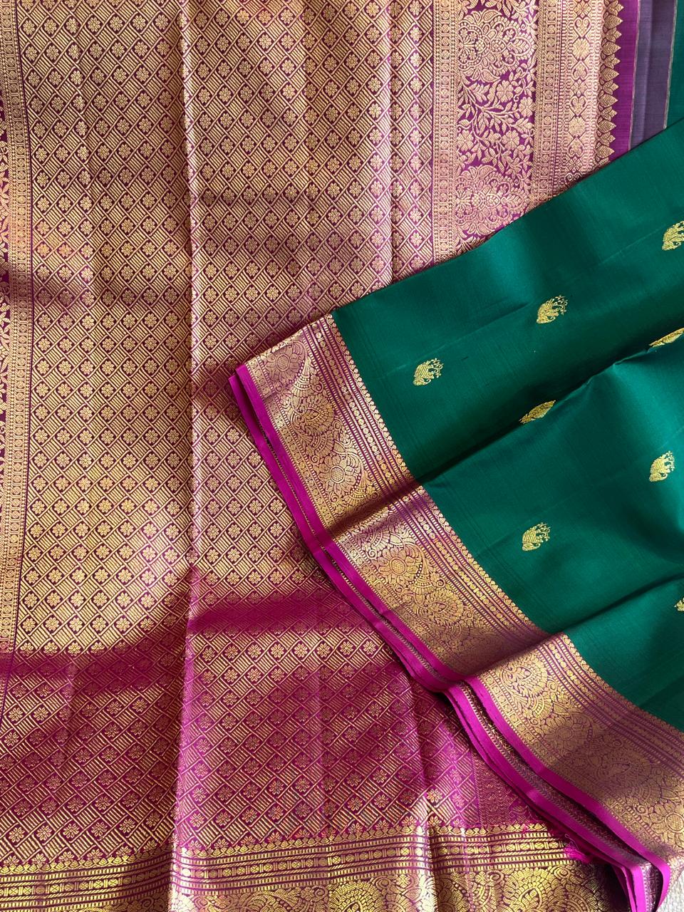 Panna: Emerald Green Kanjeevaram with Wide Magenta Border