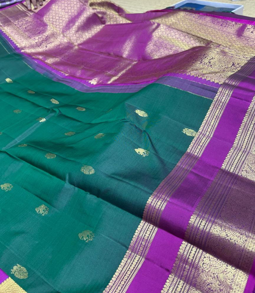 Panna: Emerald Green Kanjeevaram with Wide Magenta Border