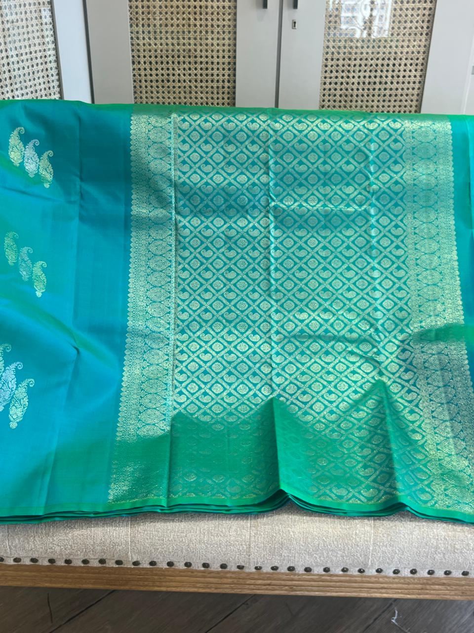 Morpankhi: Peacock-Teal Borderless Kanjeevaram