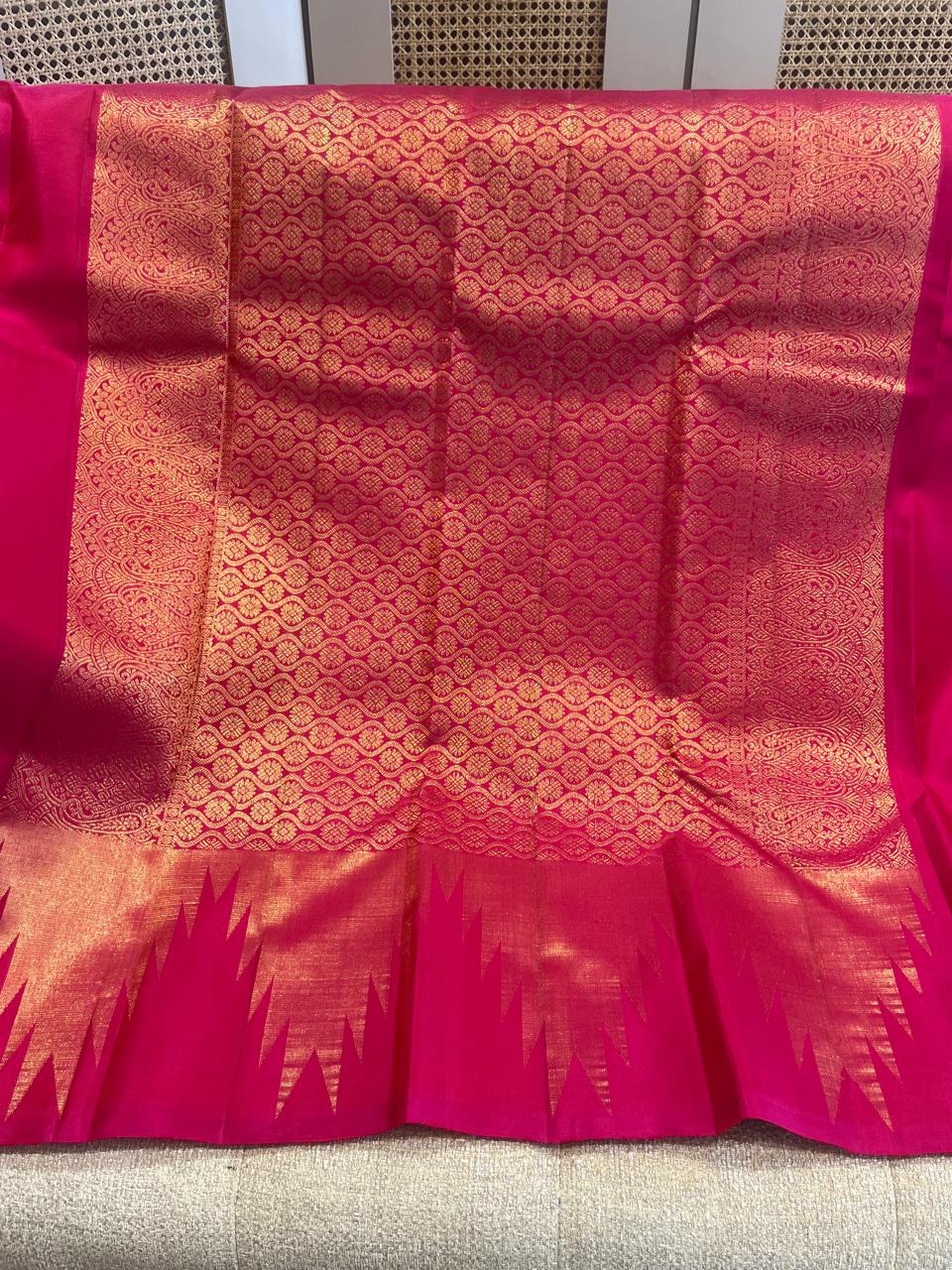Gulal: Rani Pink Kanjeevaram with Temple Gold Border