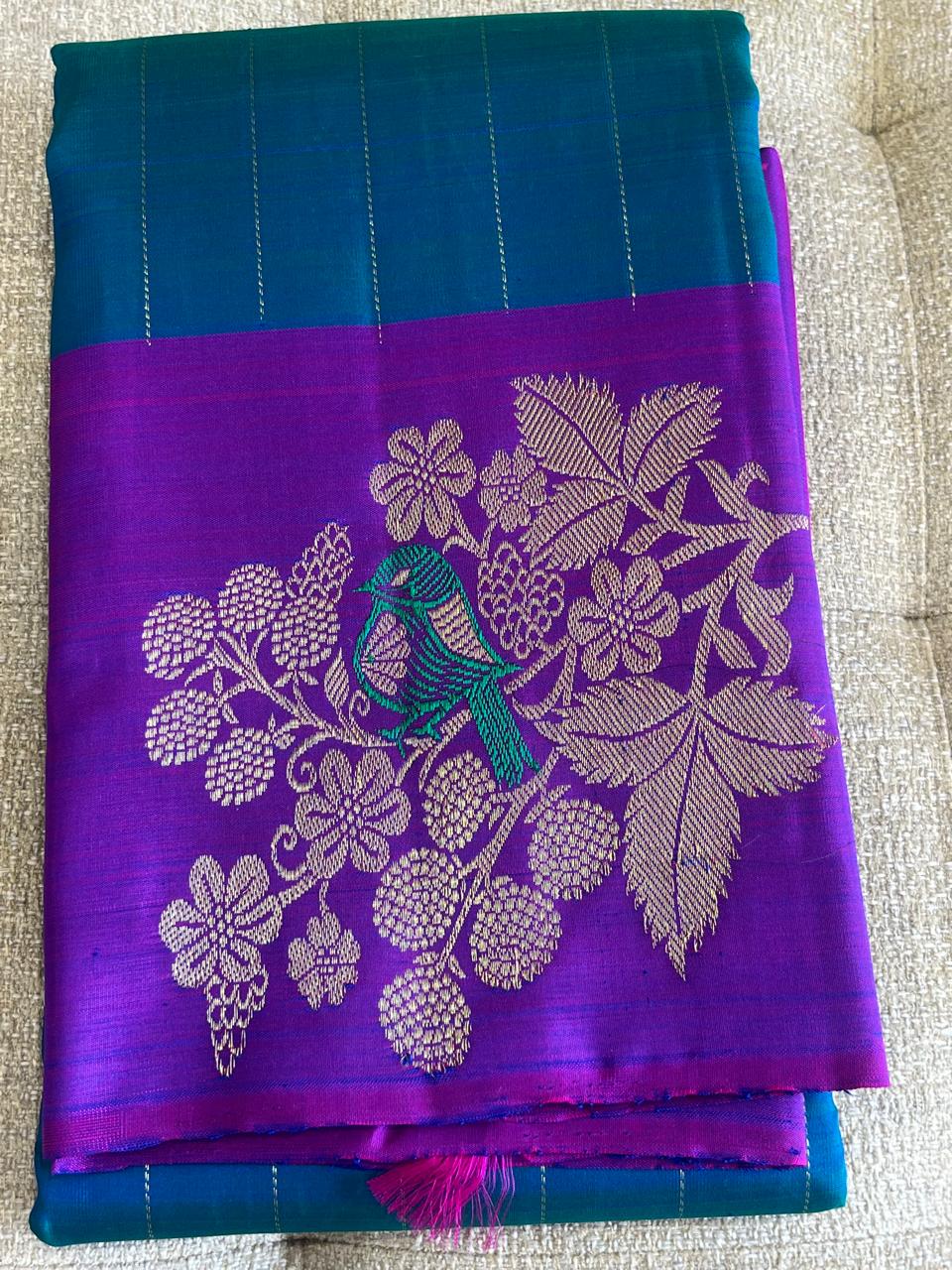 Chiriya: Teal Kanjeevaram with Threadwork Bird Motifs