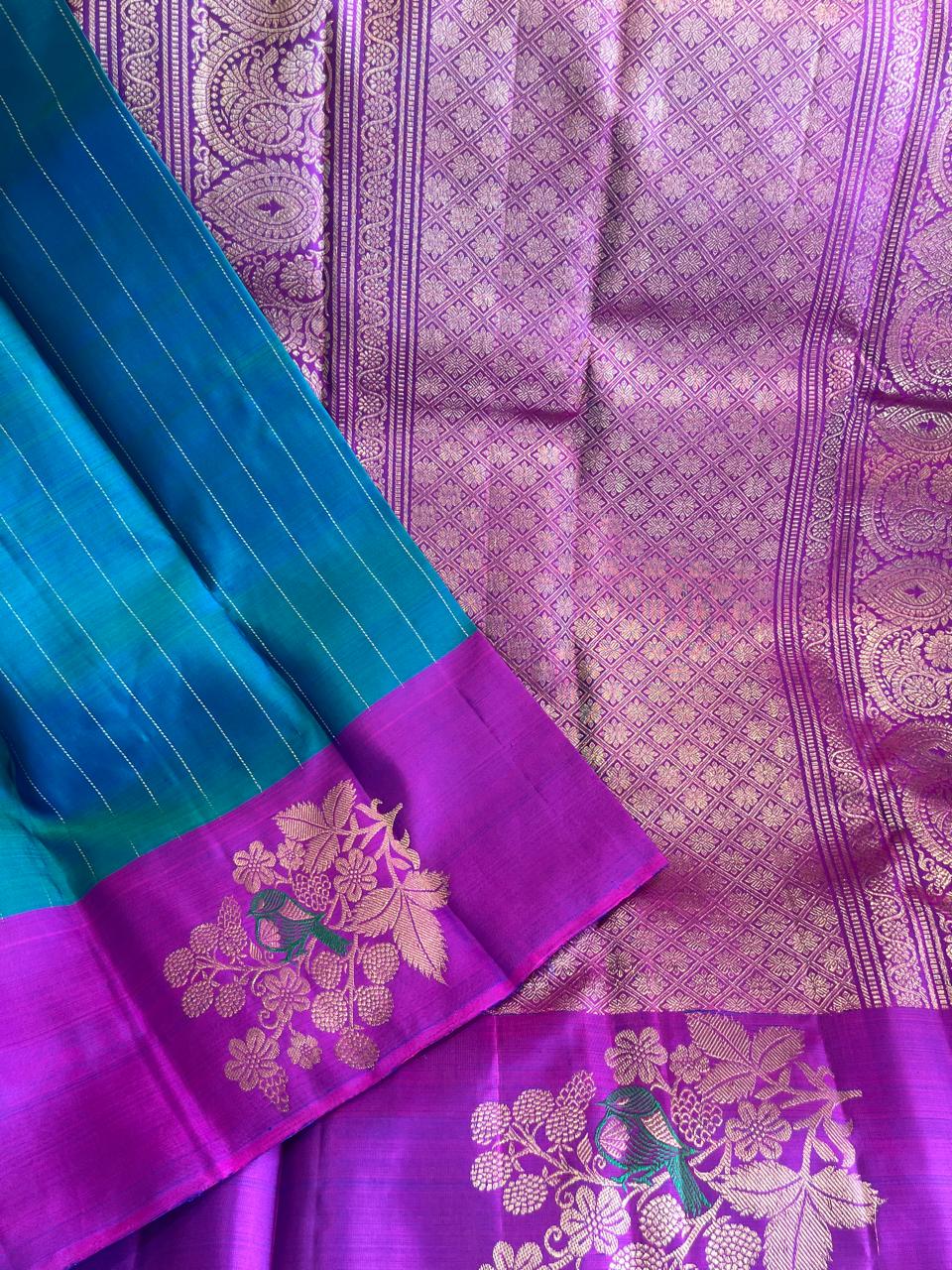 Chiriya: Teal Kanjeevaram with Threadwork Bird Motifs