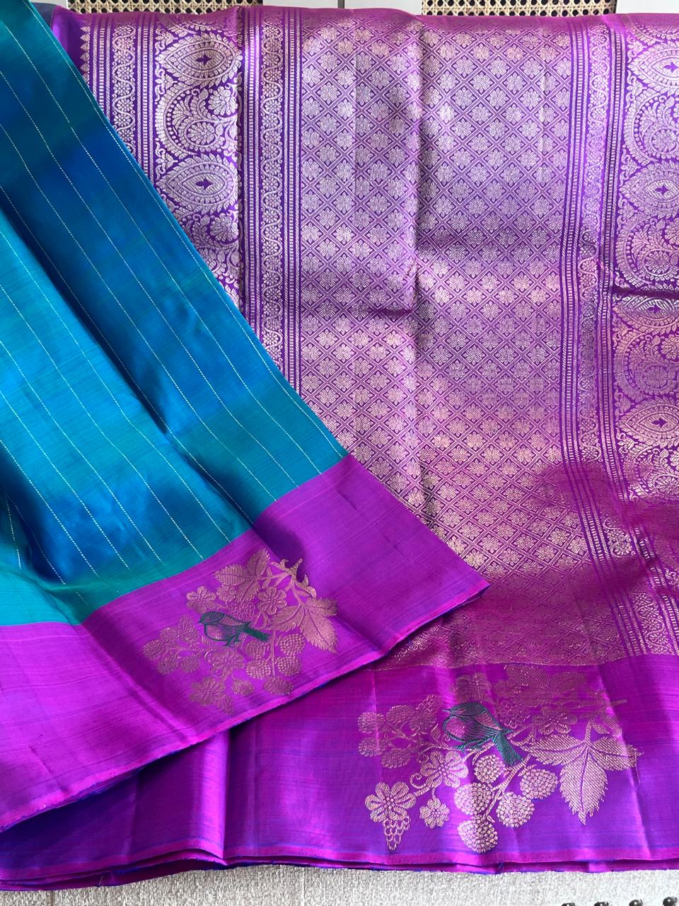 Chiriya: Teal Kanjeevaram with Threadwork Bird Motifs