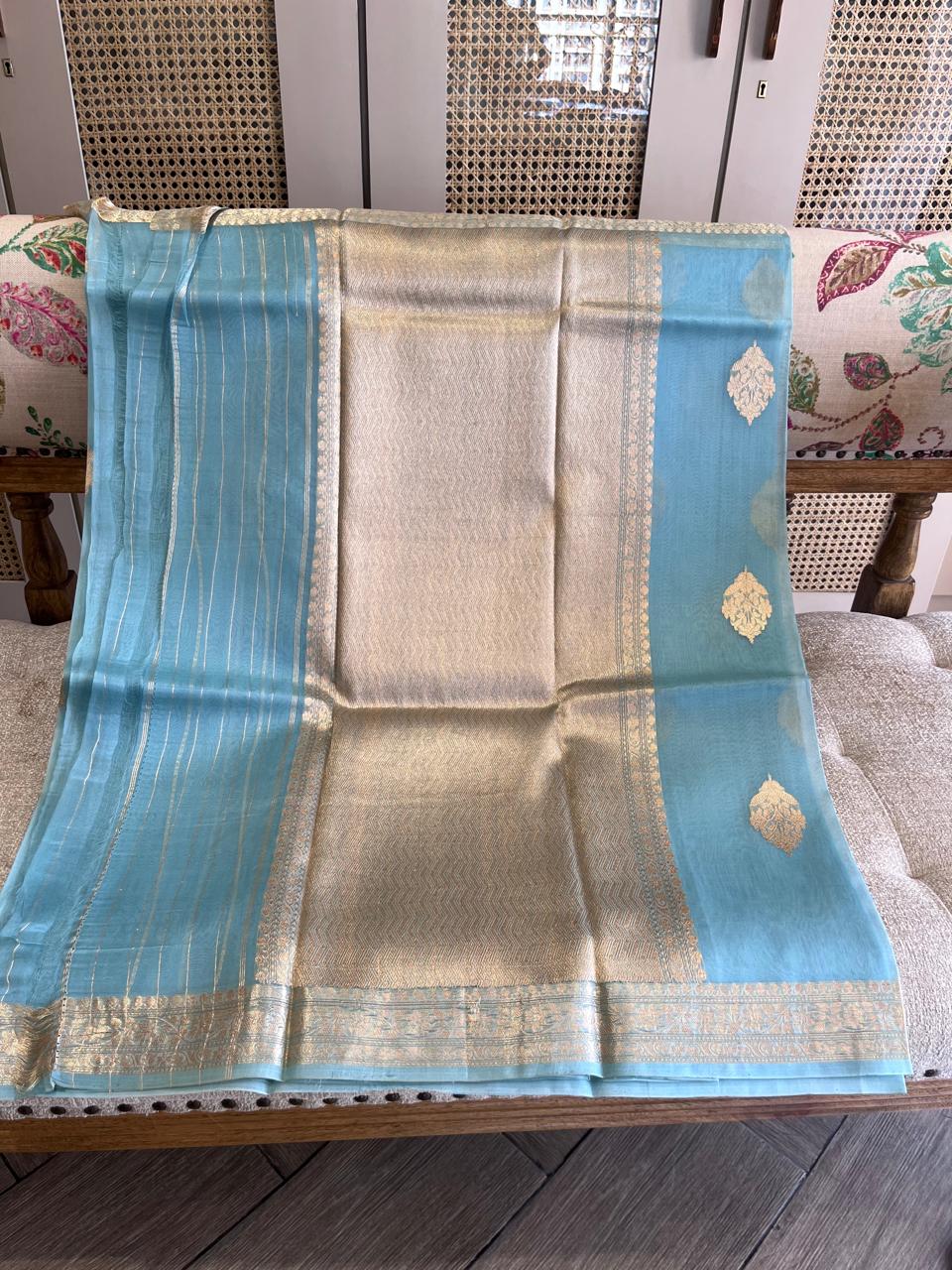Aasmani: Powder Blue Organza Banarasi