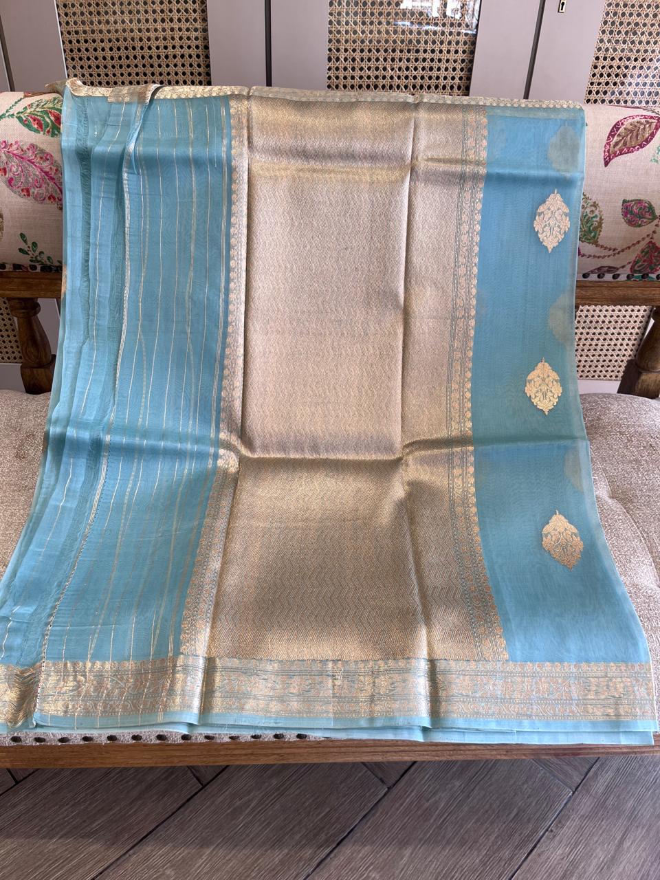 Aasmani: Powder Blue Organza Banarasi