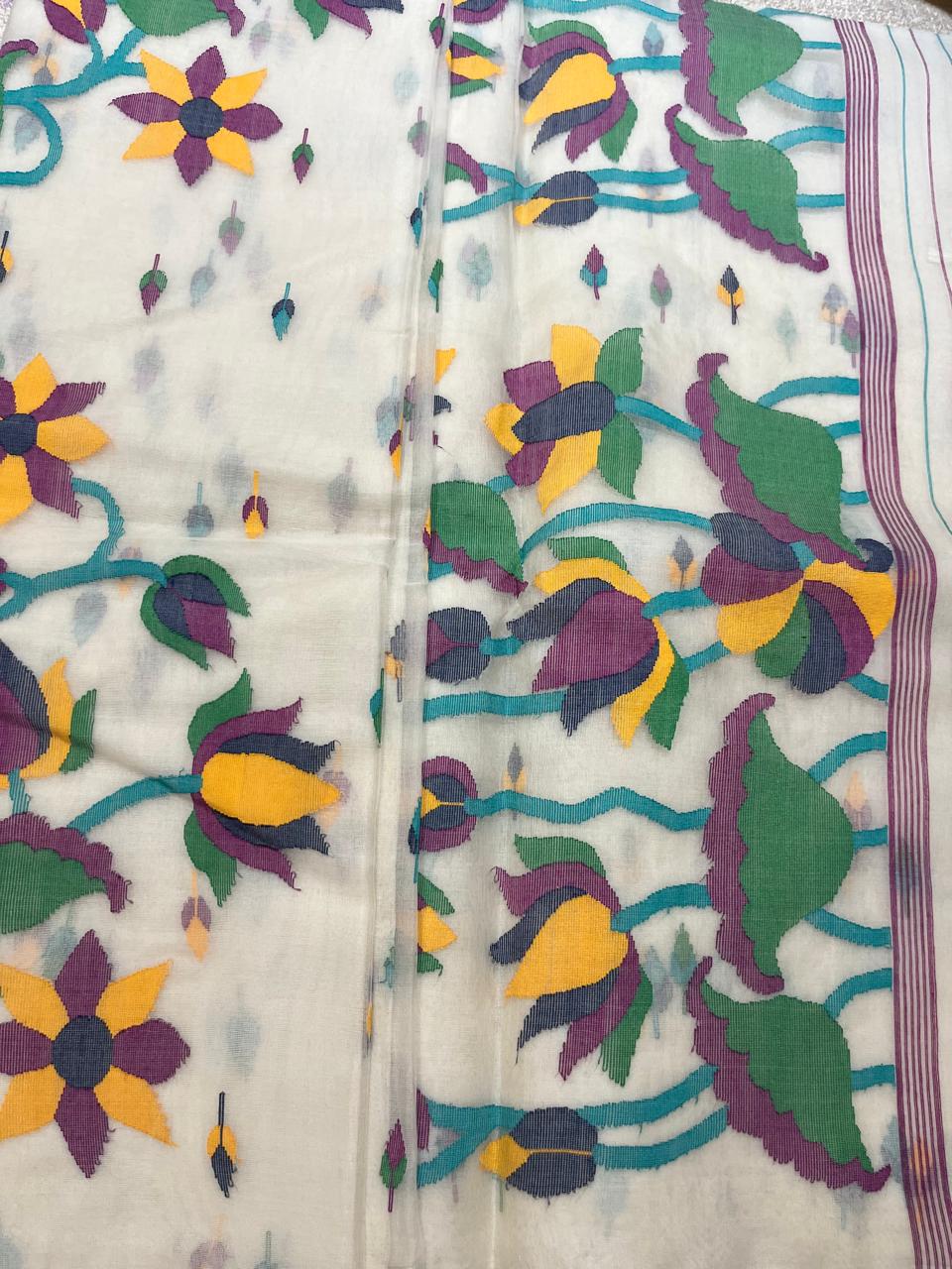 Latika · Ivory Muslin Jamdani with Tulip Trellis