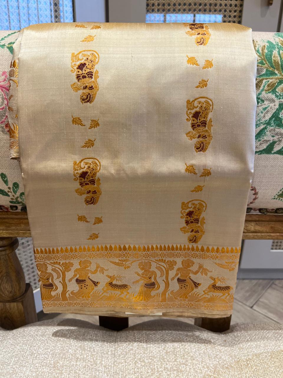 Sharad: Minakari Ivory Baluchari with Golden Elephant Butti