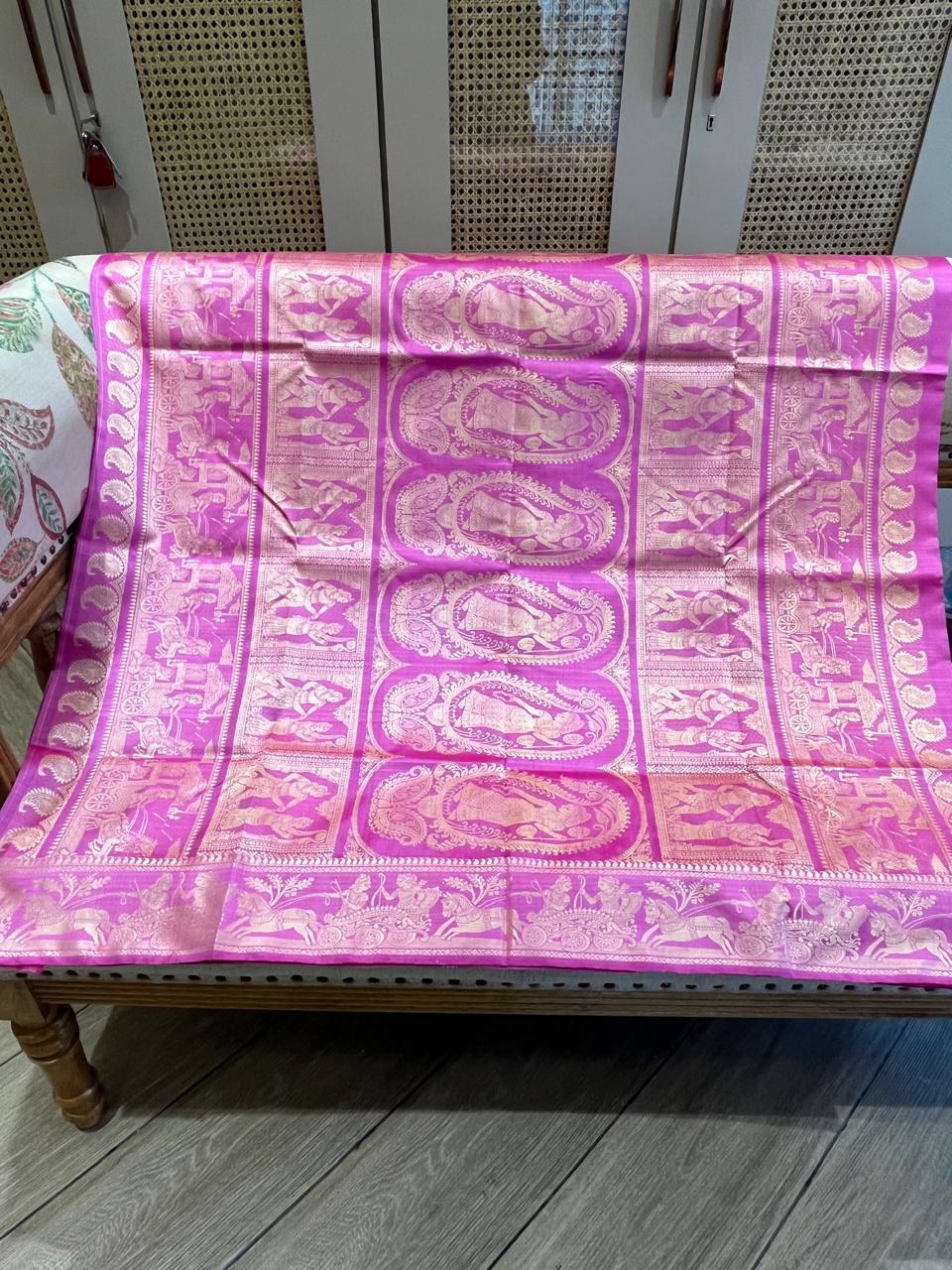 Gulaal: Light Fuchsia Baluchari with Gold Figurative Butti