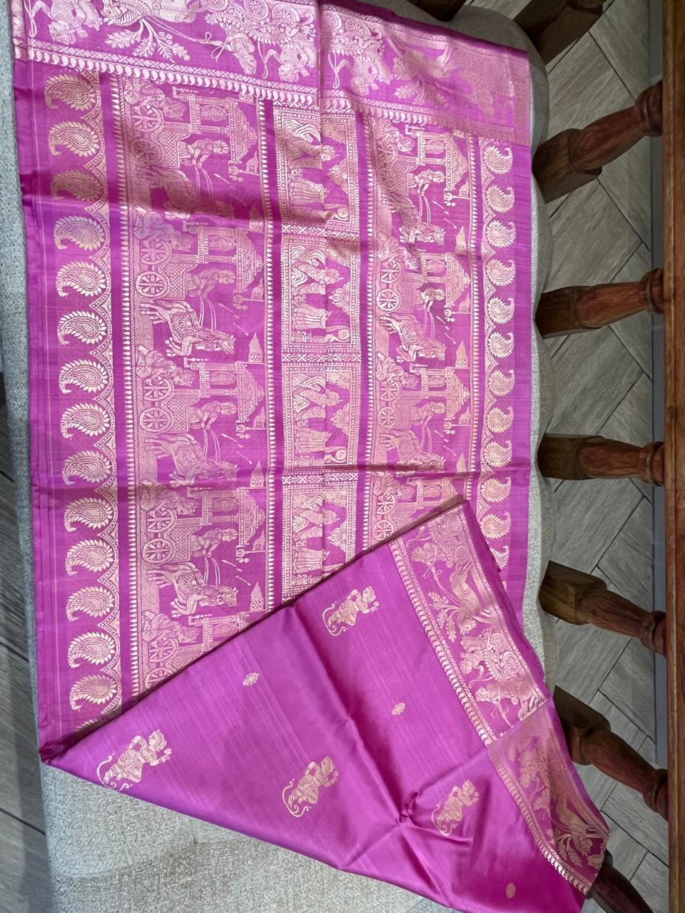 Gulaal: Light Fuchsia Baluchari with Gold Figurative Butti