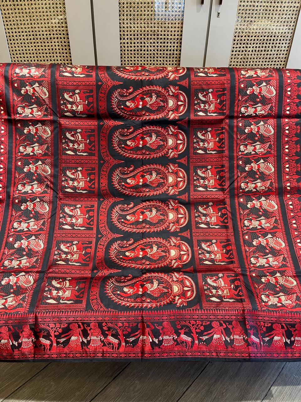 Jwalamalini: Black Baluchari with Crimson Mythological Butti