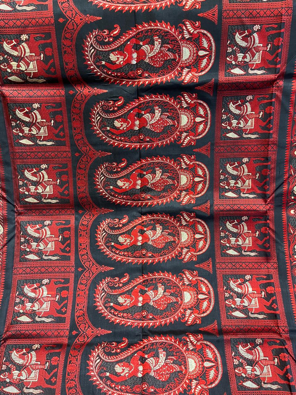 Jwalamalini: Black Baluchari with Crimson Mythological Butti