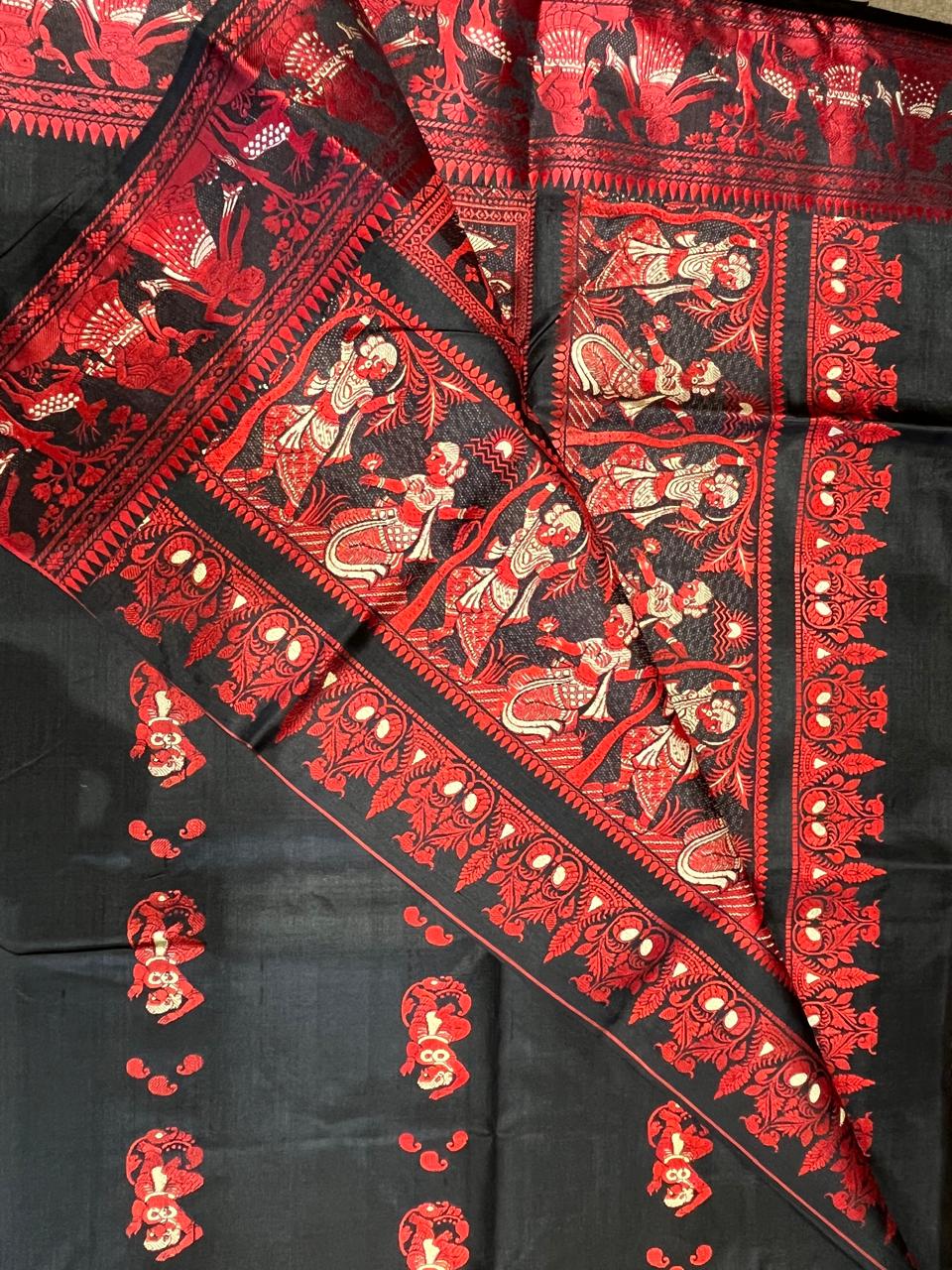 Jwalamalini: Black Baluchari with Crimson Mythological Butti