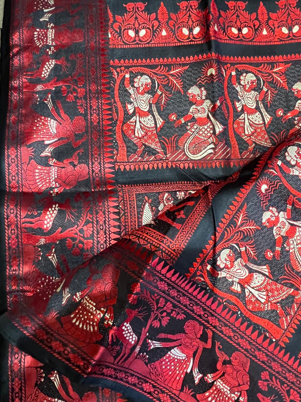 Jwalamalini: Black Baluchari with Crimson Mythological Butti