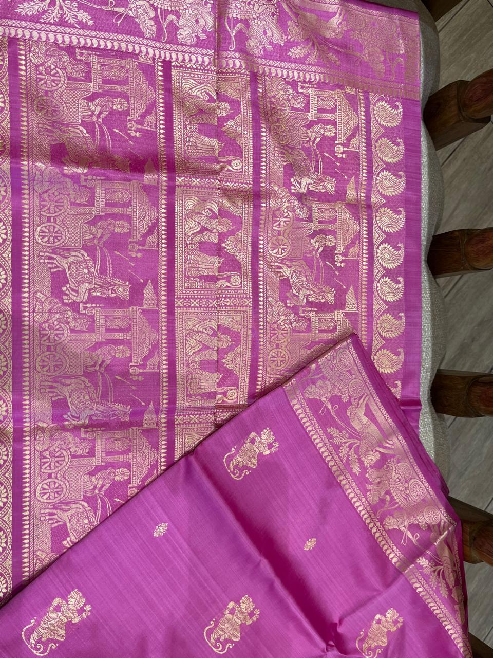 Gulaal: Light Fuchsia Baluchari with Gold Figurative Butti