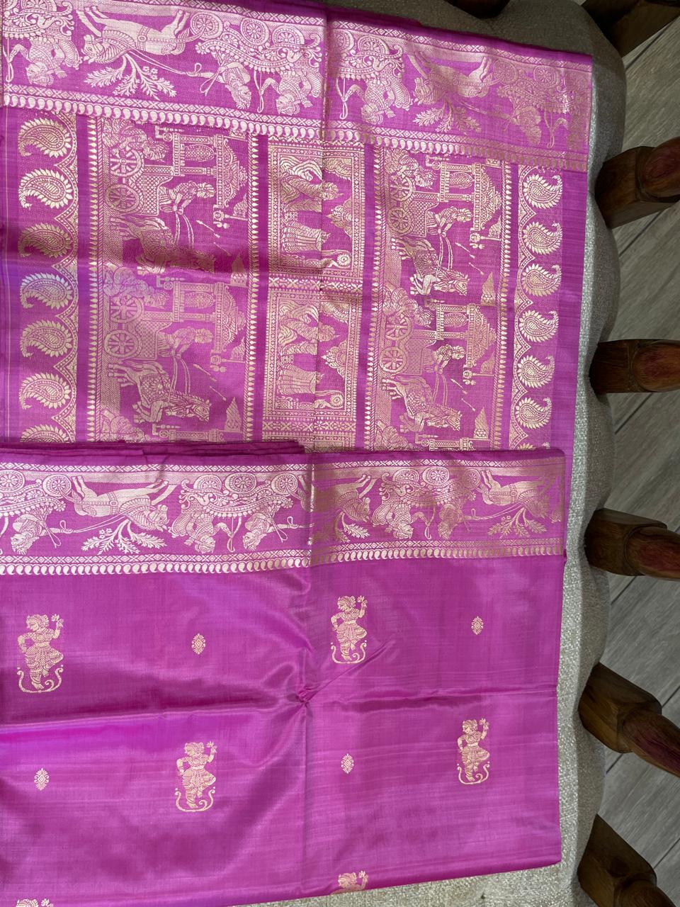Gulaal: Light Fuchsia Baluchari with Gold Figurative Butti