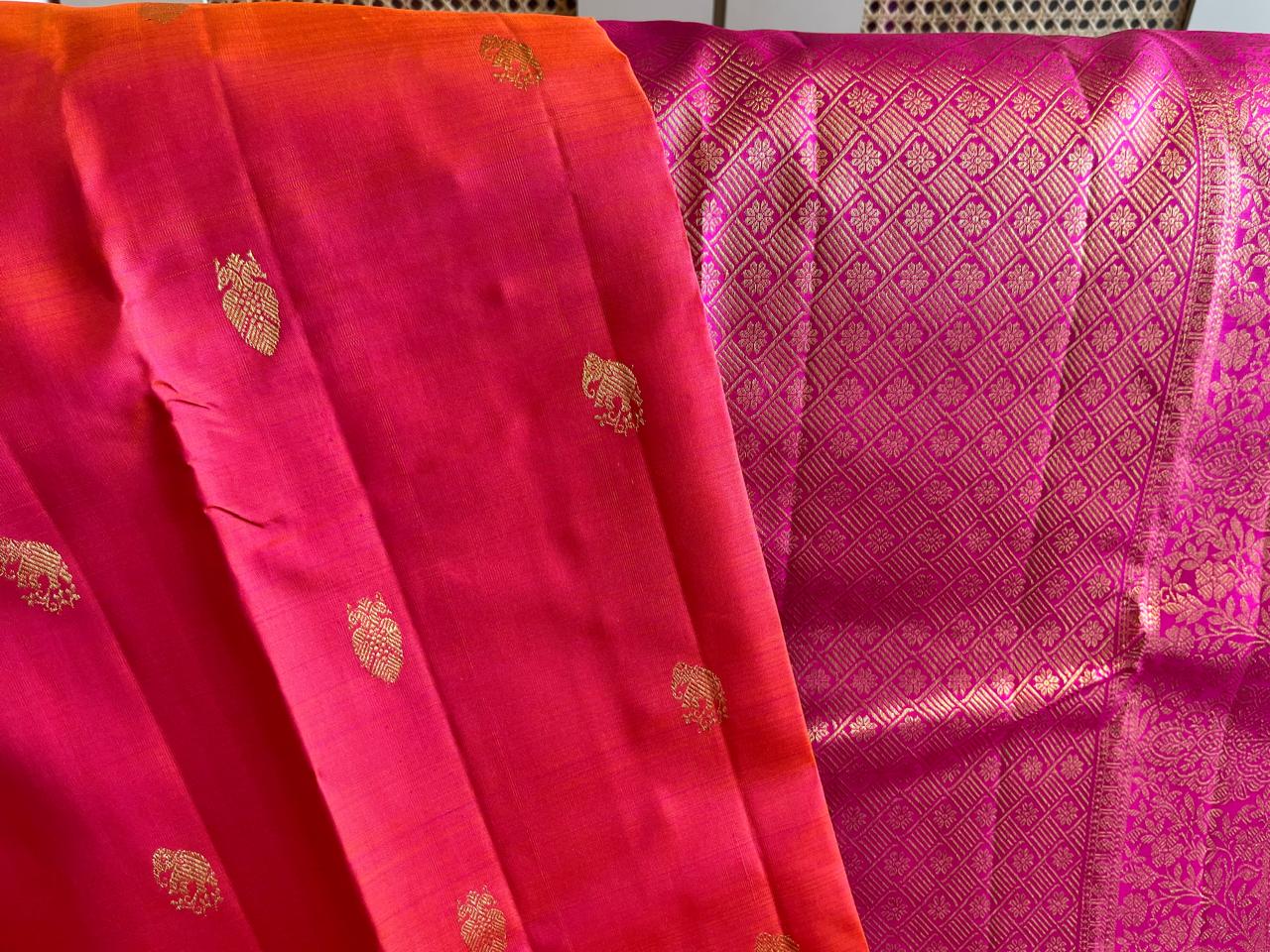 Sengal: Burnt Orange Pure Silk Kanjeevaram