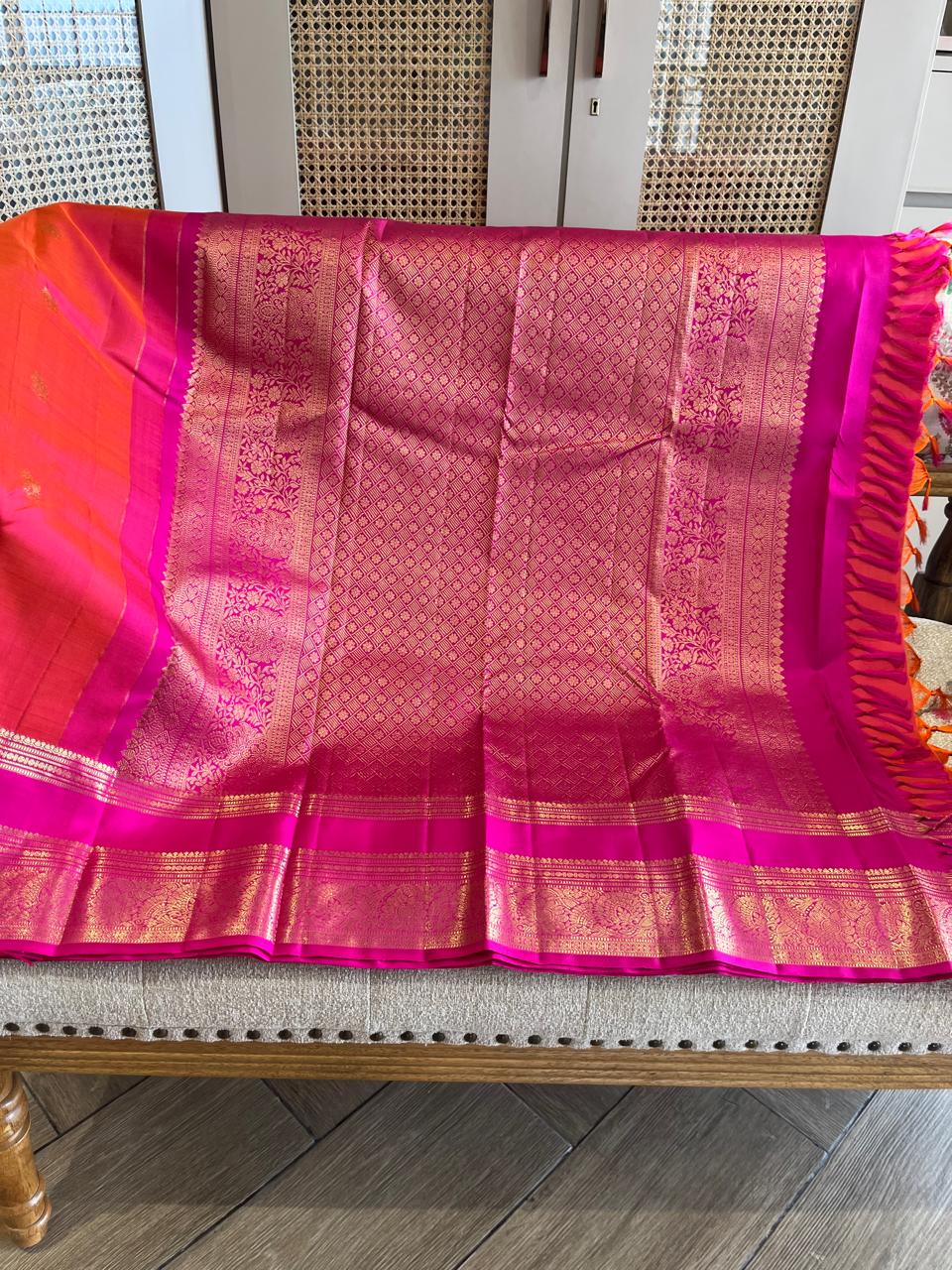 Sengal: Burnt Orange Pure Silk Kanjeevaram