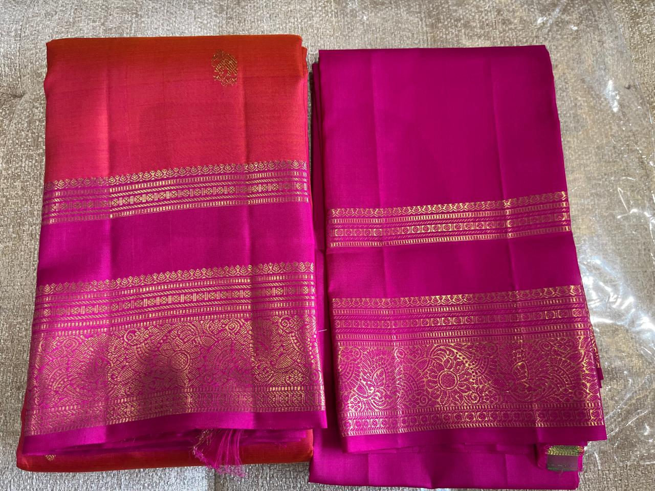 Sengal: Burnt Orange Pure Silk Kanjeevaram