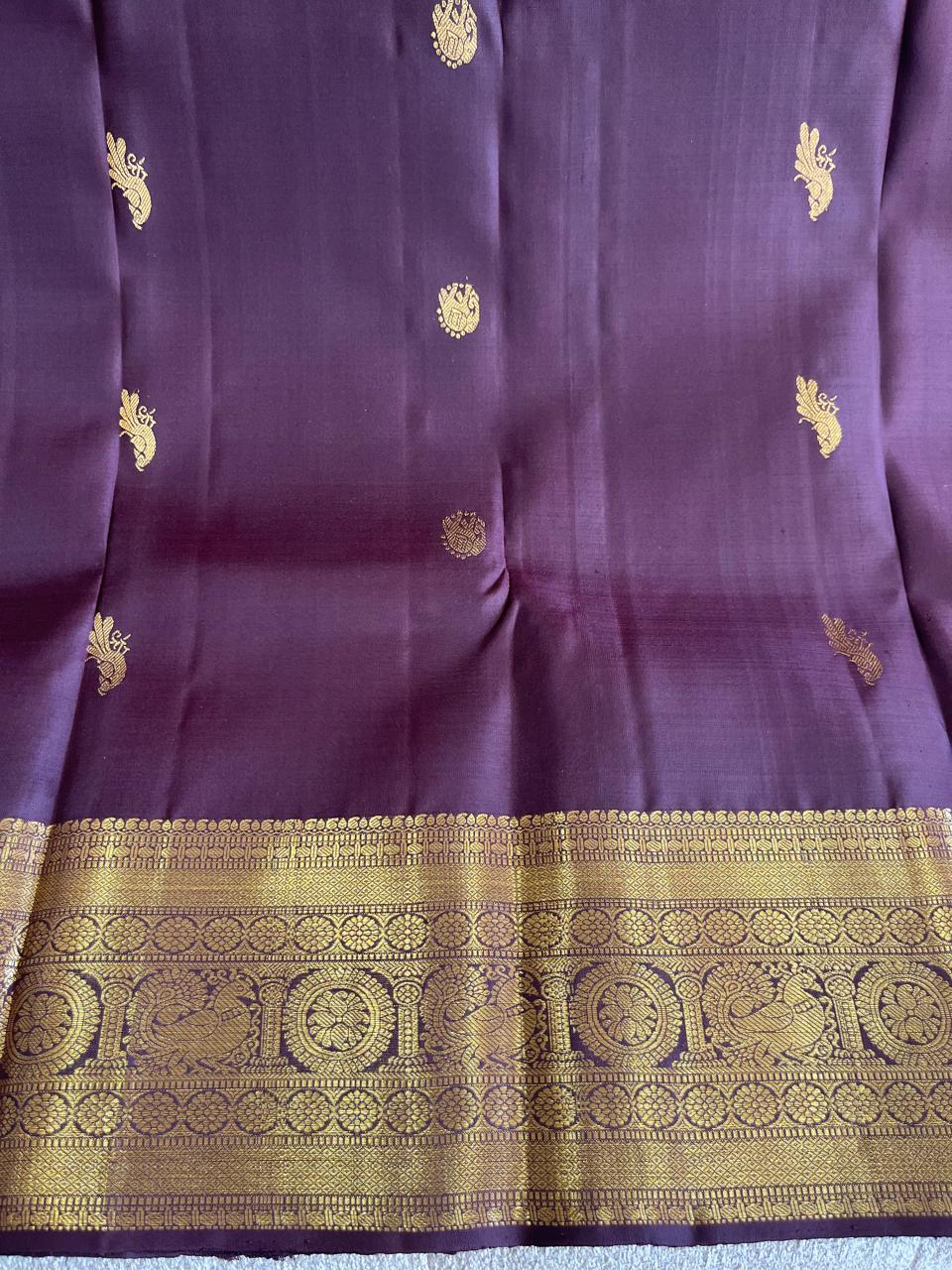Kasturi: Coffee-Brown Kanjeevaram, Peacock-Coin Buttis