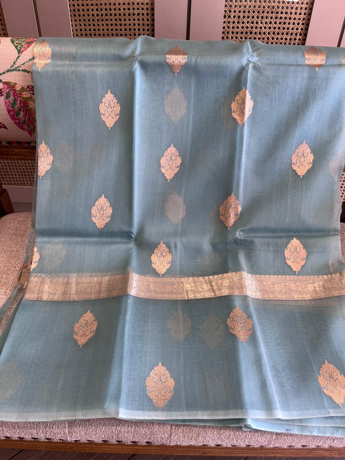 Aasmani: Powder Blue Organza Banarasi