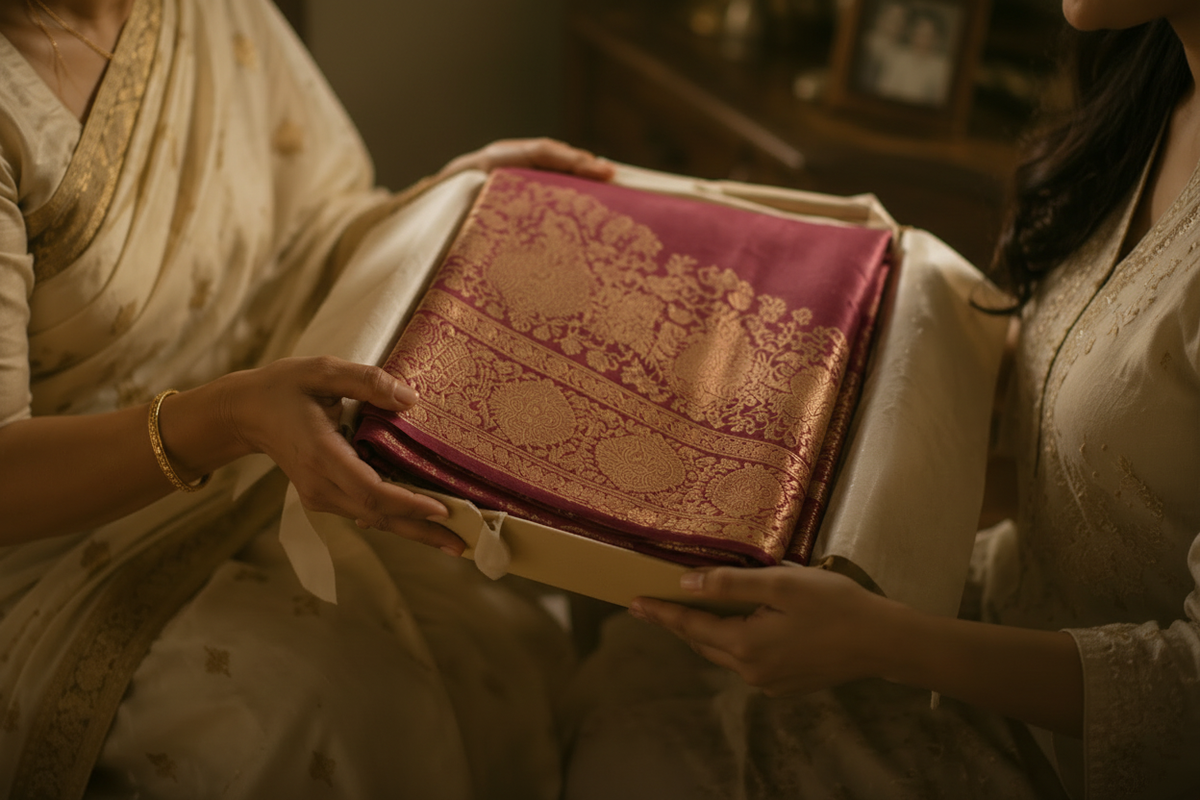 Hands passing heirloom saree