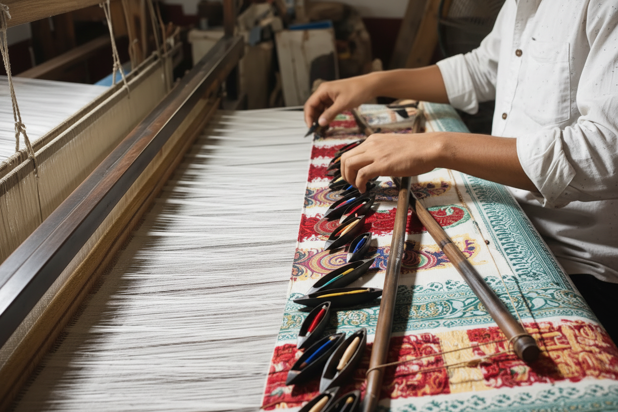 Weaver hands and saree at loom